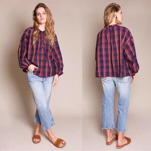 THE GREAT. The Melody Top Candy Plaid Purple Red Check Peasant Blouse Size 2/M